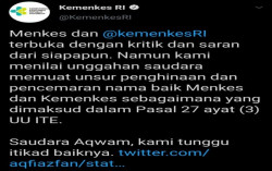 Kemenkes Peringatkan Akun Twitter yang Bandingkan Menkes dengan Anjing