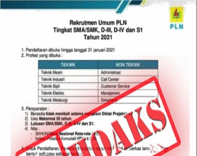 Cek Fakta : Beredar Rekrutmen Karyawan PLN Januari 2021, Benarkah?