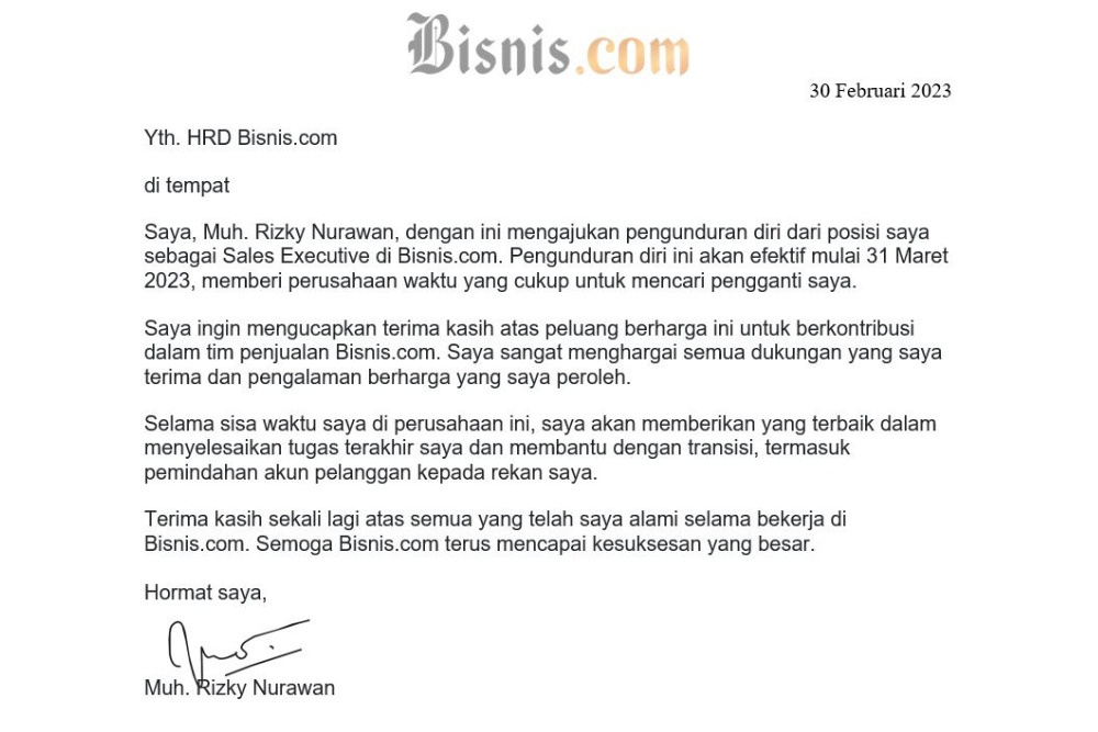 Contoh Surat Pengunduran Diri Kerja