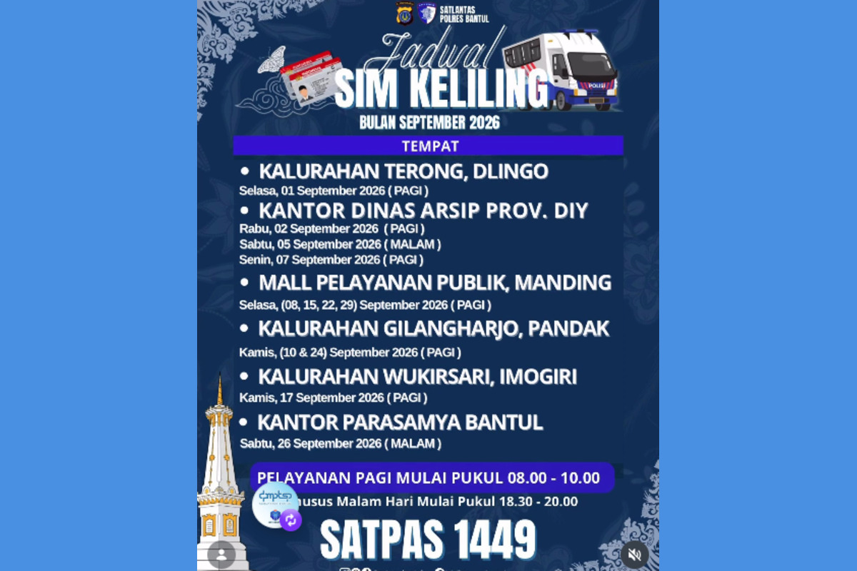 Simak Jadwal SIM Keliling Bantul Selasa 8 September 2026 di MPP