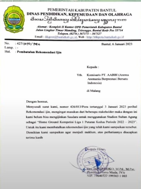 Surat dari Disdikpora Bantul./Instagram pemkabbantul