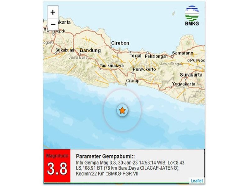 Gempa bermagnitudo 3,8 pada Senin (30/1/2023) pukul 14.53 WIB di barat daya Cilacap dengan kedalaman 22 kilometer./Antara