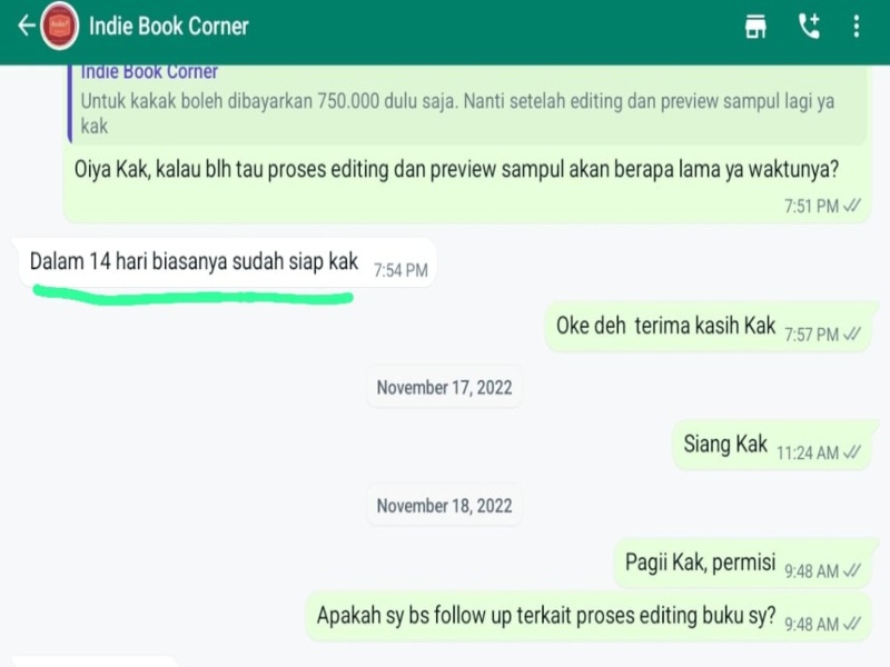 Isi percakapan antara korban dugaan penipuan penerbit Indie Book Corner/Istimewa